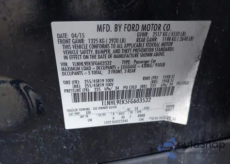 2015 Lincoln Mks from USA, damaged, VIN 1LNHL9EK5FG603532